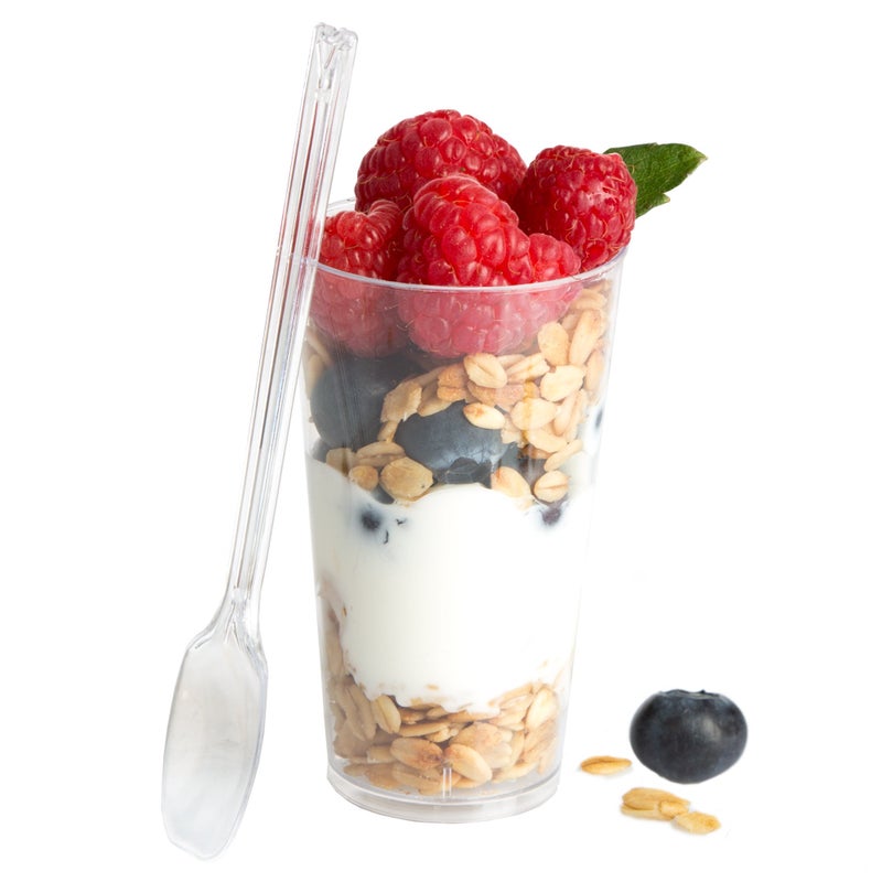 Ilyapa 3oz Plastic Dessert Cups - 50 Pack Mini Dessert Cups with Spoons - Clear Reusable Small Appetizer Cup for Cheesecake Shooters, Chocolate Mousse, Parfait - Party and Catering Supplies - Round - Image 1